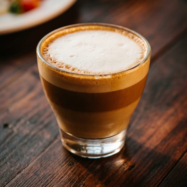 A glass of layered latte with frothy foam on a dark wooden table, with a blurred plate in the background.
