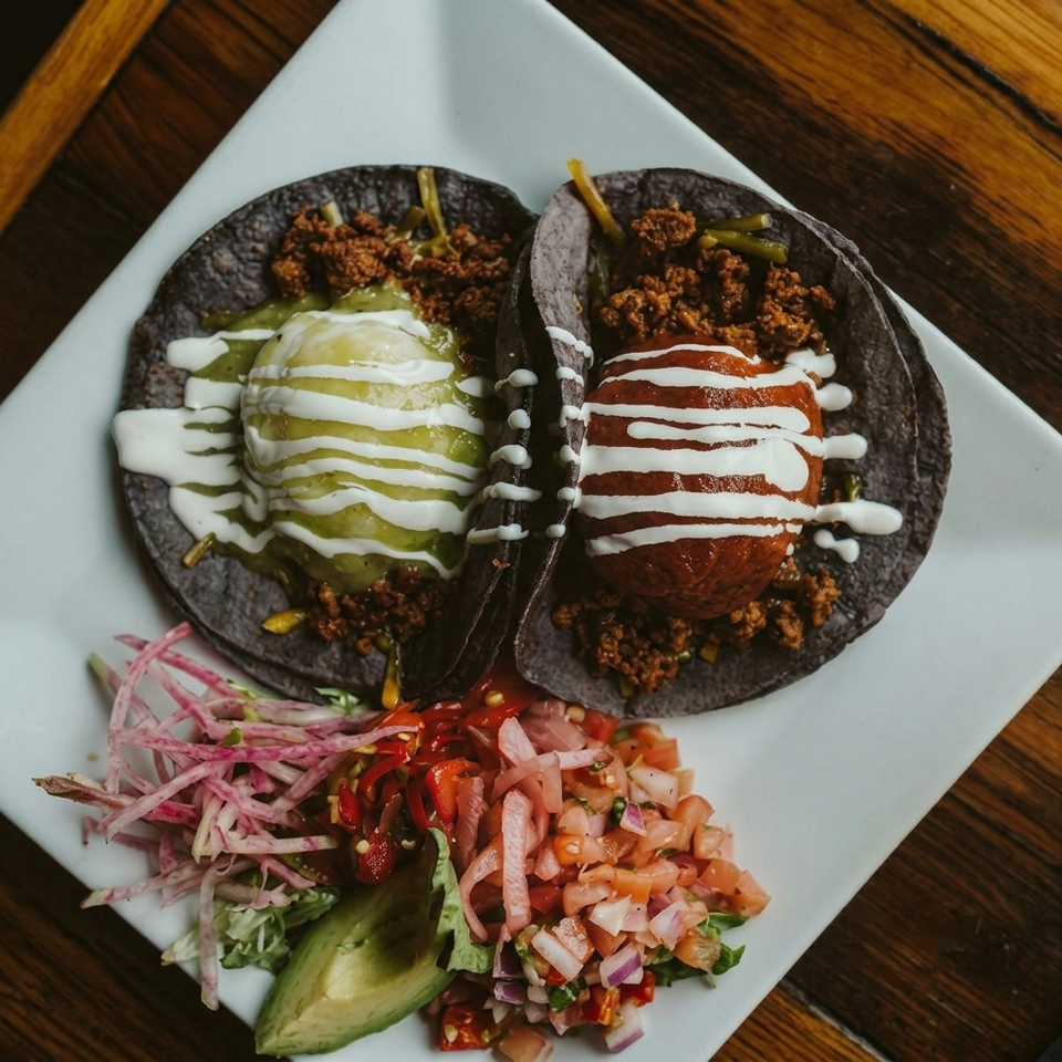 Two dark tacos with meat, guacamole, and sour cream, served with salsa and avocado.